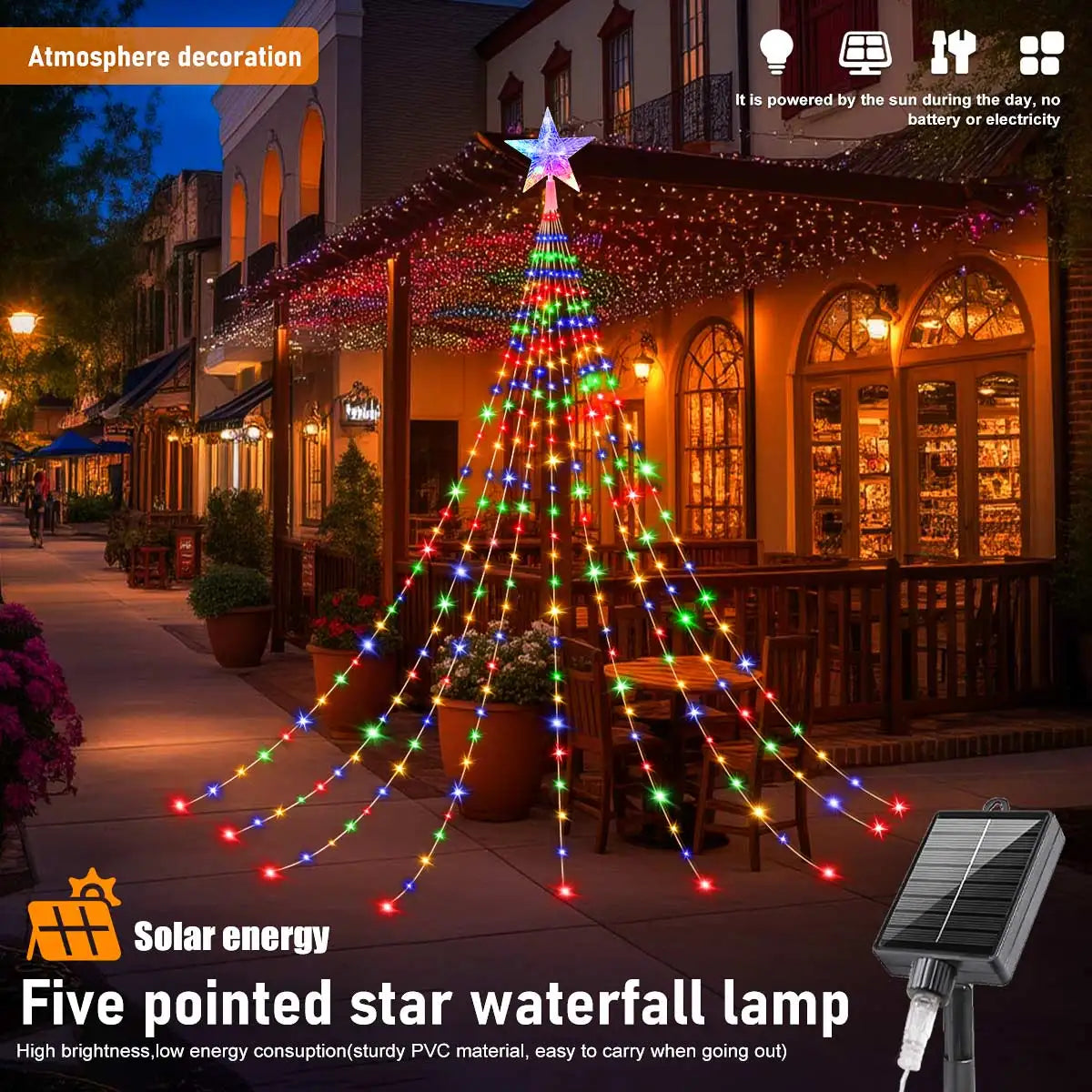 Solar Christmas Decoration Star String Lights 2/3M 8 Modes Waterfall Christmas Tree Fairy Lights for Outdoor Wedding Holiday