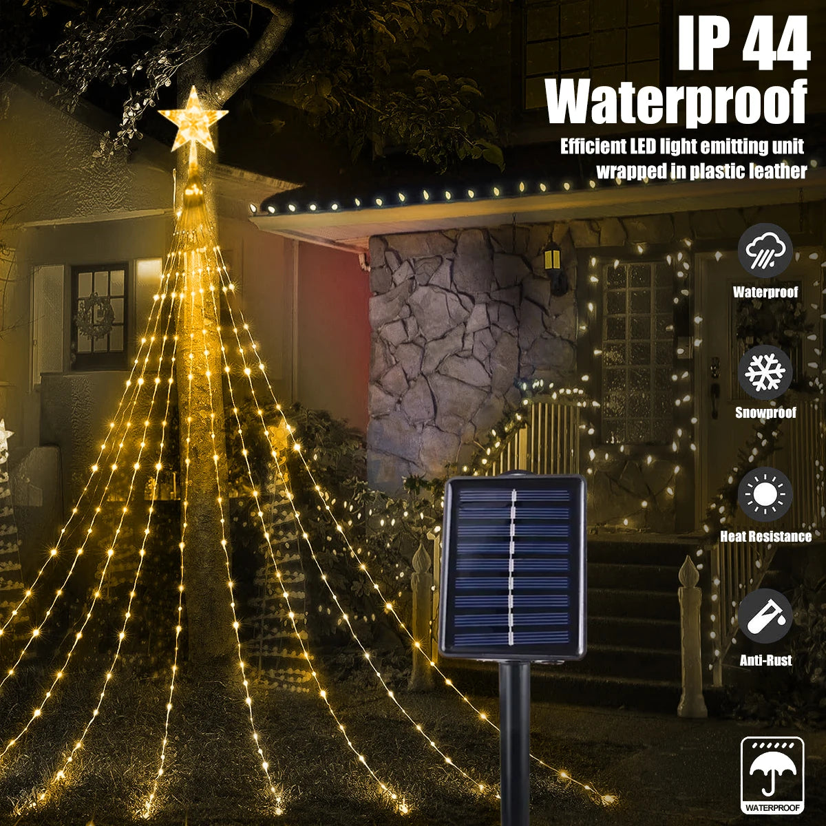 Solar Christmas Decoration Star String Lights 2/3M 8 Modes Waterfall Christmas Tree Fairy Lights for Outdoor Wedding Holiday